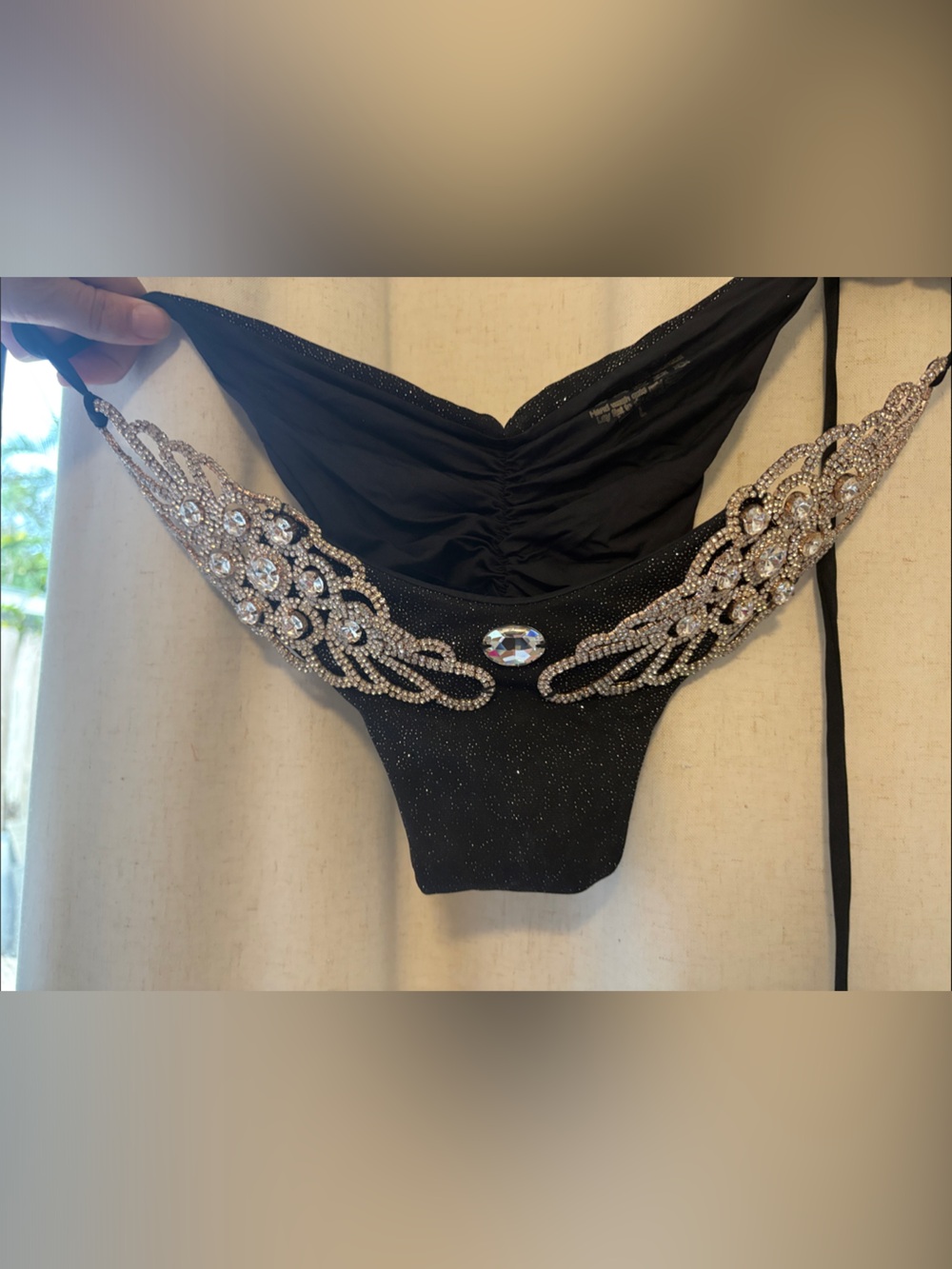 Black Embellished Women's Bikini Bottom with Crystal Accents
